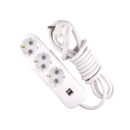 Удлинитель 3 гнезда  3 метра С заземлением+Шторки+2хUSB Белый 16А/3,5кВт 3х1,5мм² Myra EL-BI