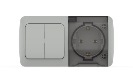 Блок Наруж Выключатель  Двуклавишный + розетка С Заземлением+Крышка  IP54 Белый EVA El-Bi